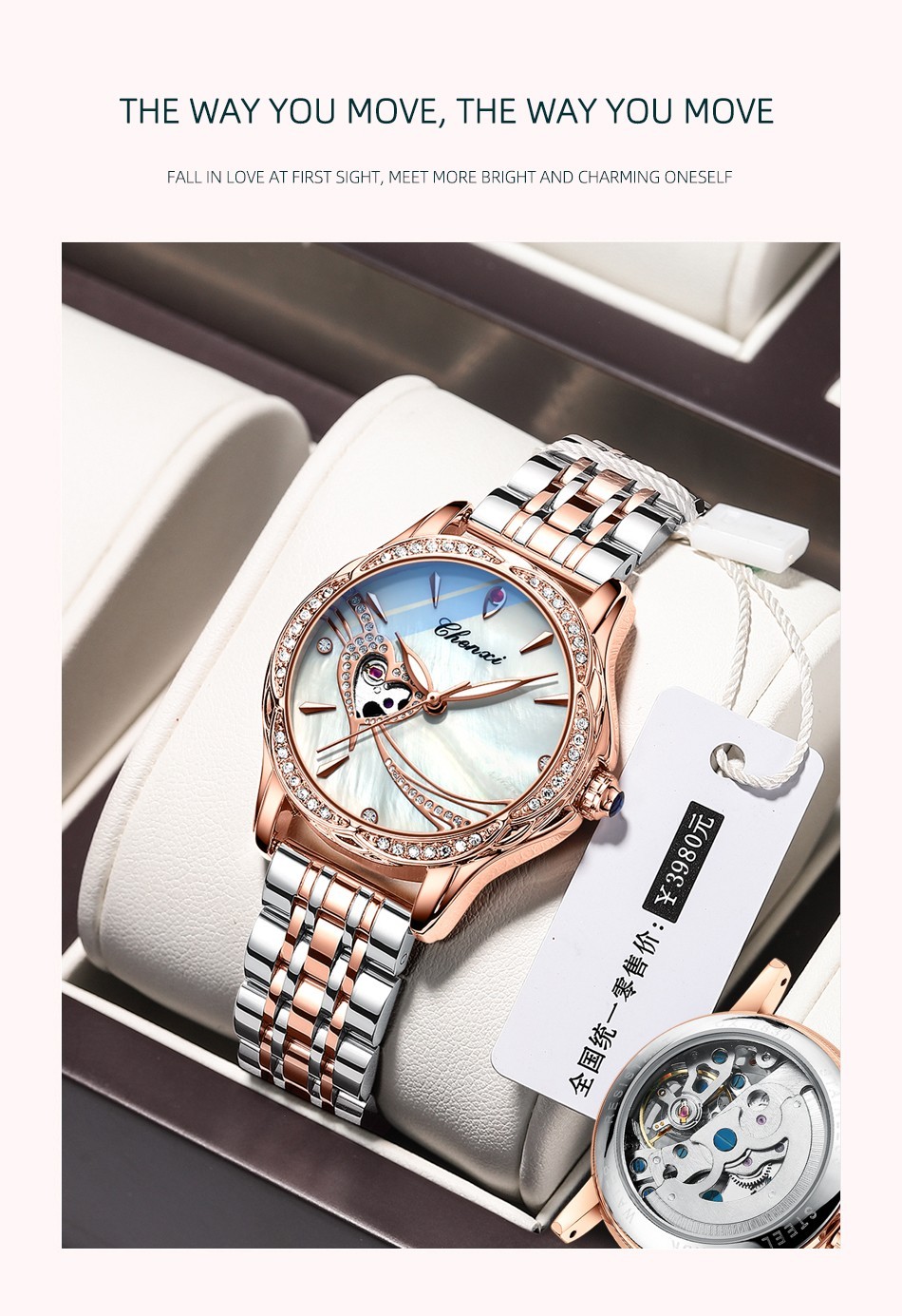 CHENXI Women Leather Hollow Out Luminous Waterproof Automatic Mechanical Watch
