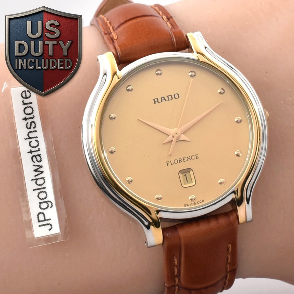 BOX ”N MINT” RADO Florence 129.3644.4 Swiss Date 32mm QZ Gold Dial Watch JAPAN