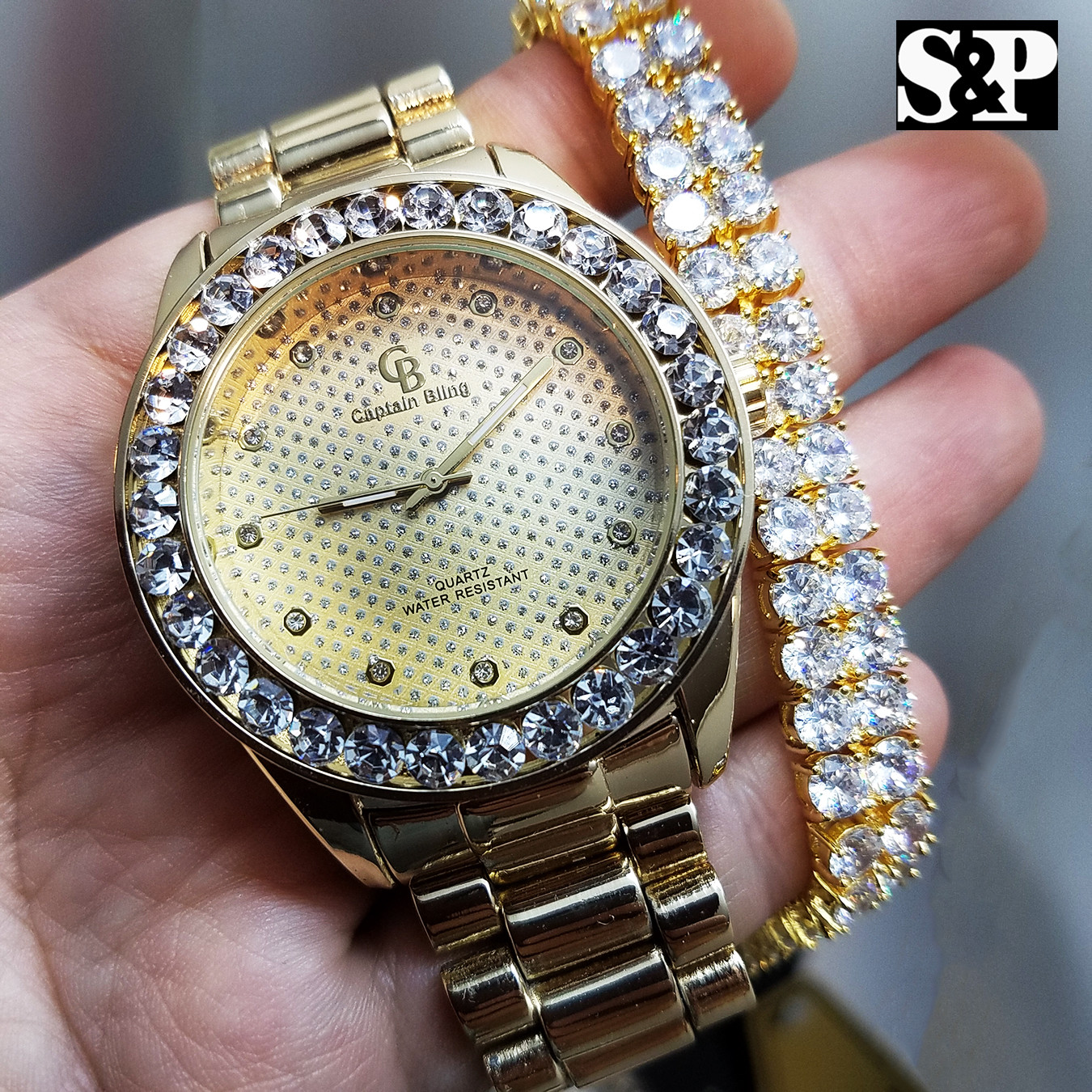 MEN HIP HOP CELEBRITY STYLE LUXURY WATCH & 2 ROWS DIAMONDS BRACELET GIFT SET