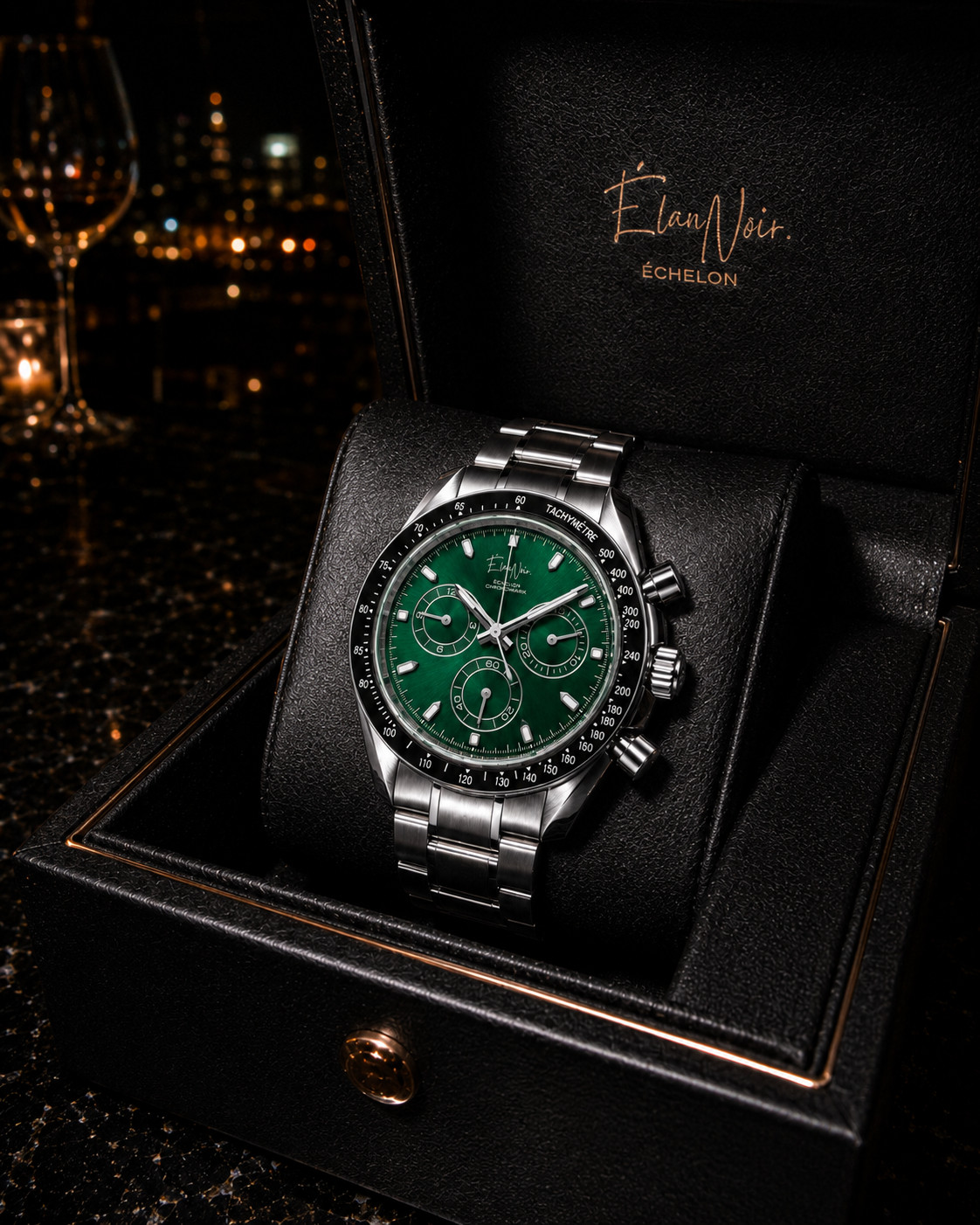 Élan Noir Chronograph Watch VK63 Emerald Green Sapphire Crystal Steel 40mm