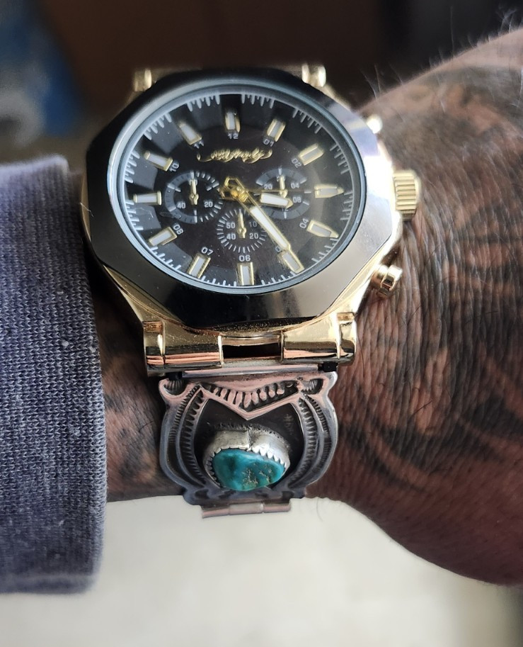 Analog Chronograph Western Wristwatch Turquoise/Silver Bracelet Gold Case