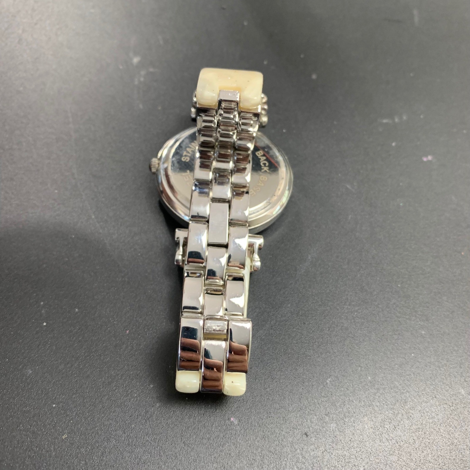 Bora Womens Silver Tone Watch White Dial Crystal Markers Cream Marbled Band