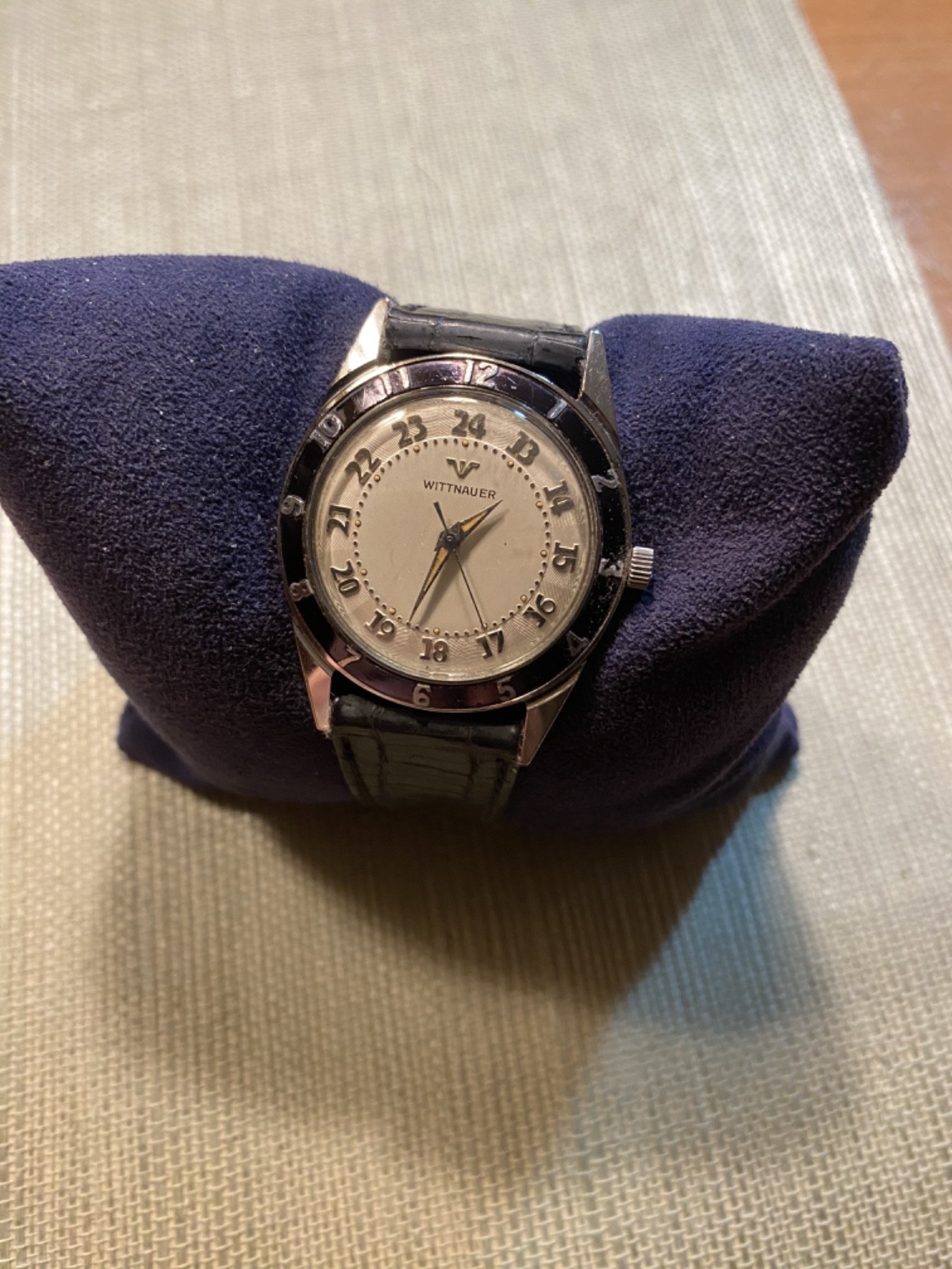 RARE ALL S. S. Wittnauer w/Enamel Bezel, 24Hr Guilloche Dial Watch; Runs well!