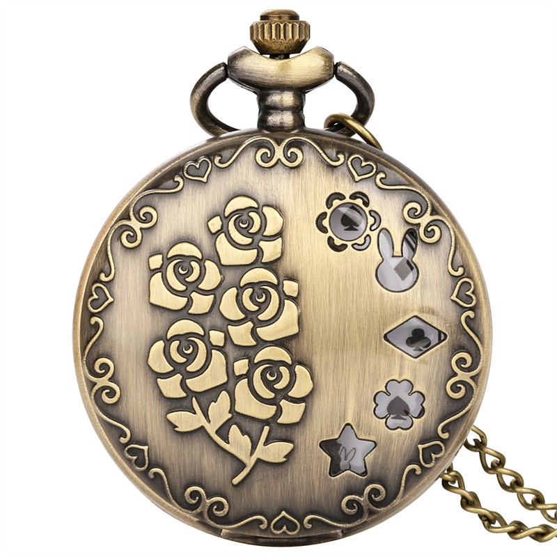 Bronze Rose Flower Pocket Watch for Women Quartz Movement with Necklace Chain