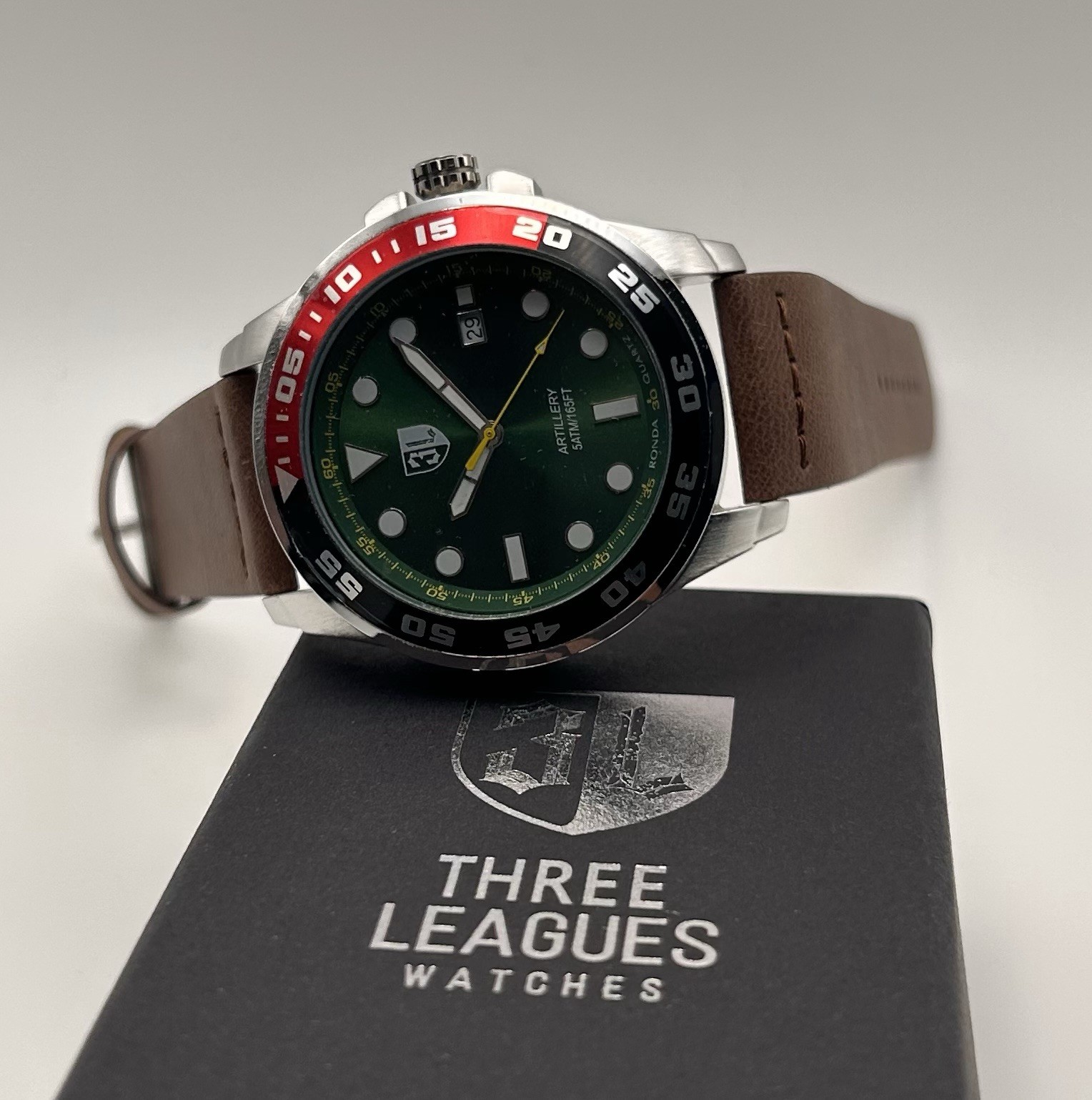 Three Leagues Men’s Artillery Green Dial Black & Red Bezel Quartz 43mm Watch