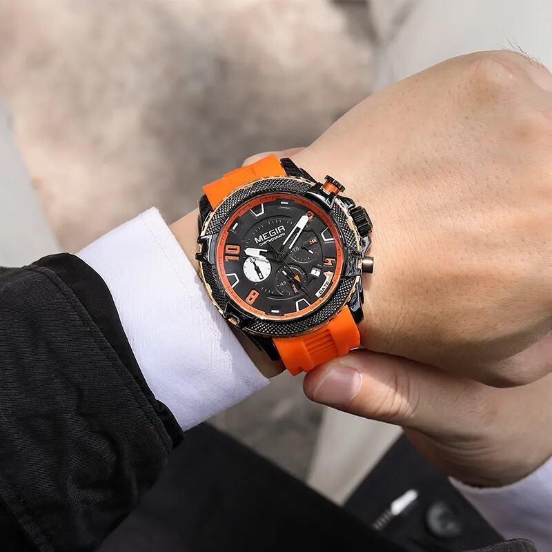 MEGIR Watch Men Waterproof Chronograph Calendar Military Male Rubber Wristwatch