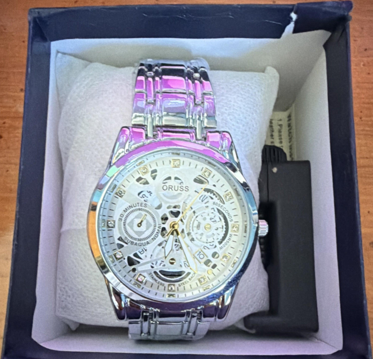 ORUSS 1853 Men’s Skeleton Dial Water-Resistant Stainless Steel Wristwatch w/Box