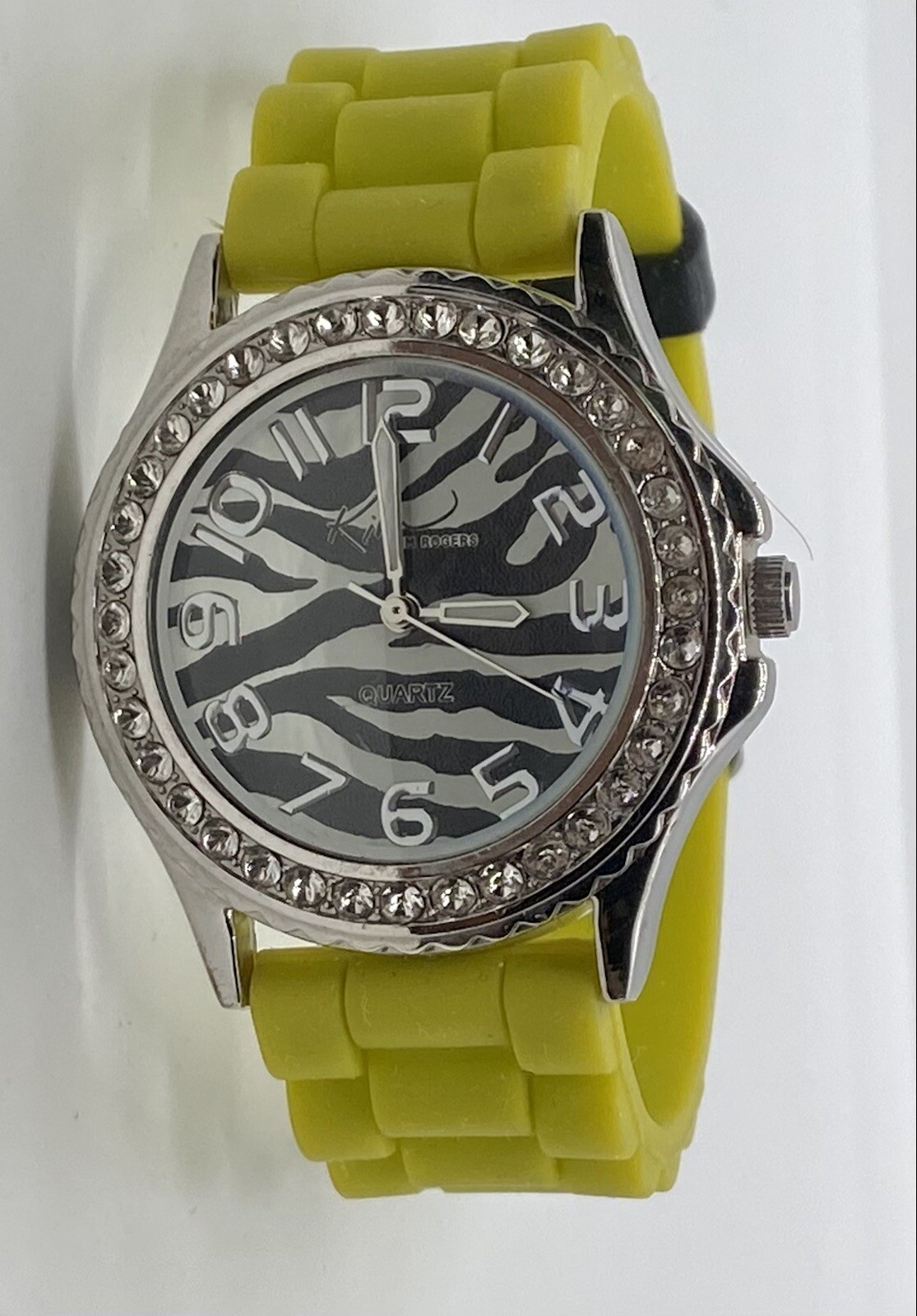 KIM ROGERS Ladies Watch New Battery Iced Zebra Dial Green/Yellow Band Fits To 8”