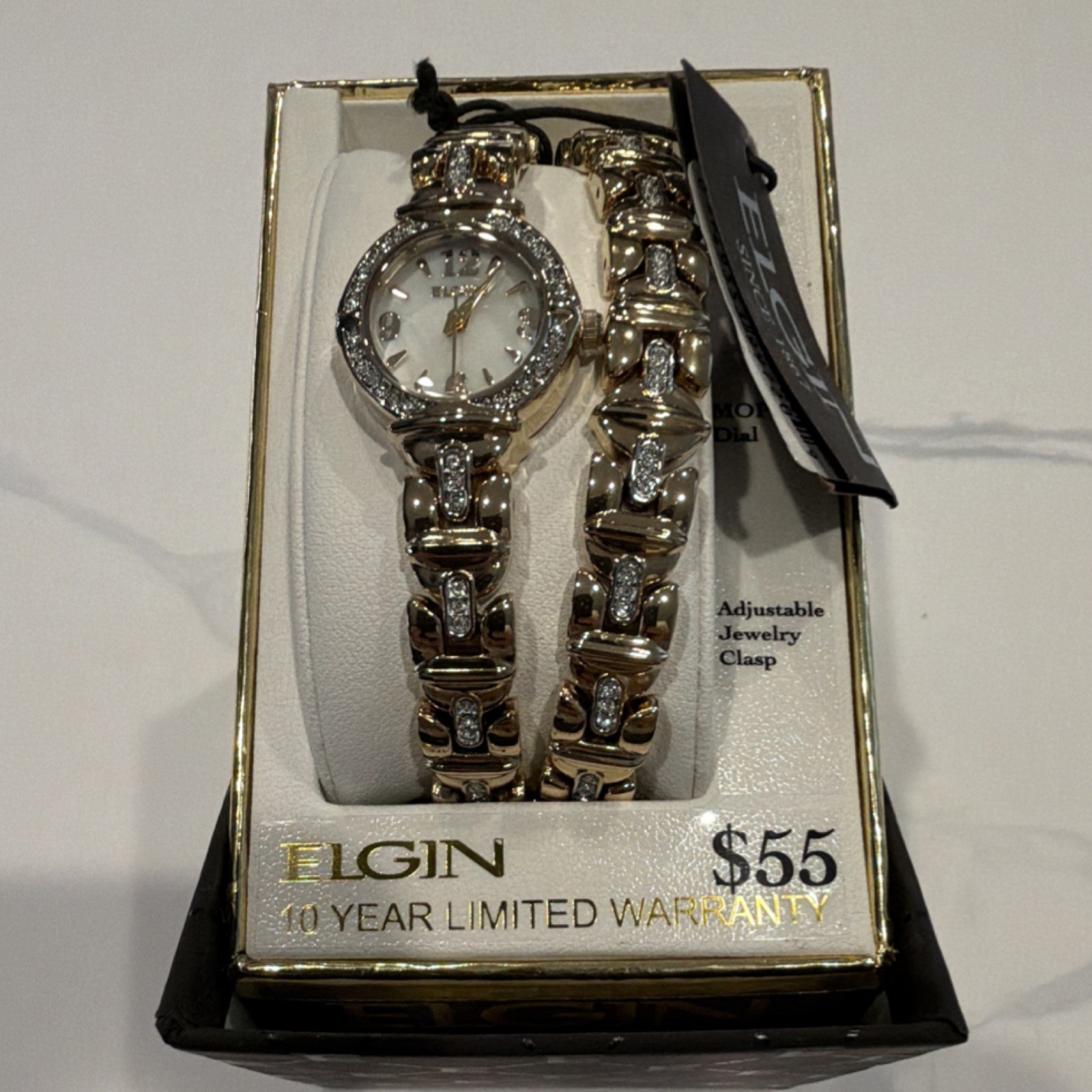 NEW Elgin Women’s Gold Tone Watch & Matching Bracelet Set MOP Dial Crystals