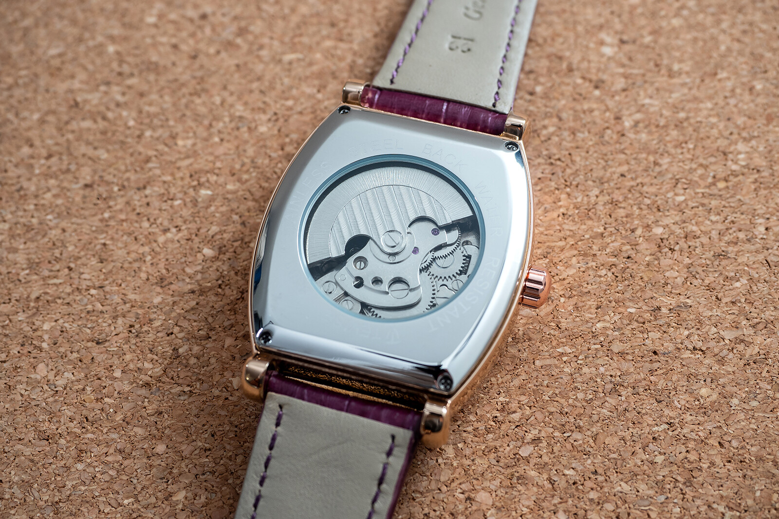 Mens Rose Gold Moon Phase Automatic Mechanical Watch Purple Leather 24HR Dial