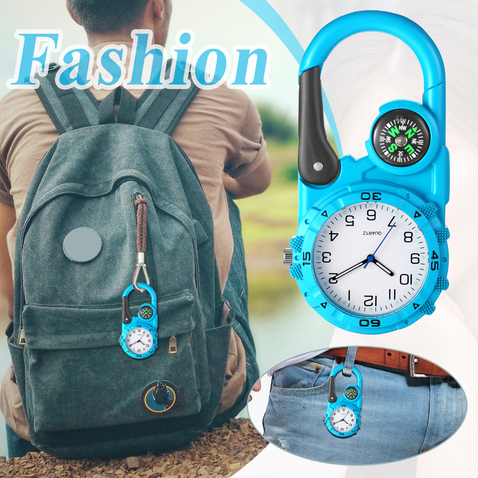 Outdoors Sports Work Watch Clip-On Quartz Analog Watch Backpack Belt Carabiner