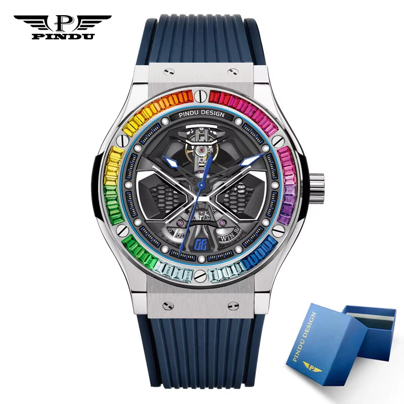 PINDU Luxury Color Diamond Mechanical Stainless Steel, Silicone Waterproof Watch