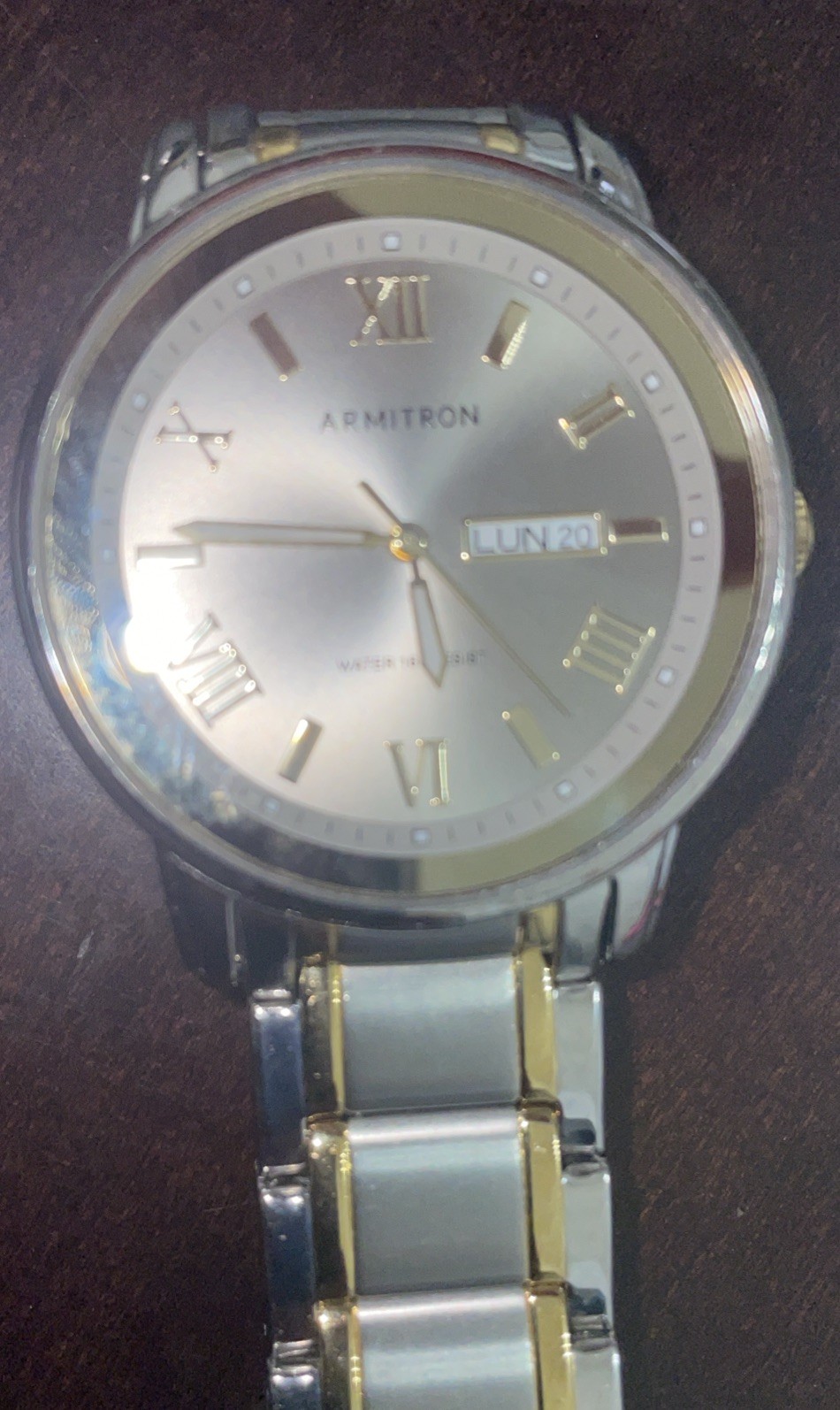 Armitron Mens Watch Two Tone Bracelet Day Date Roman Indices 7″ New Battery