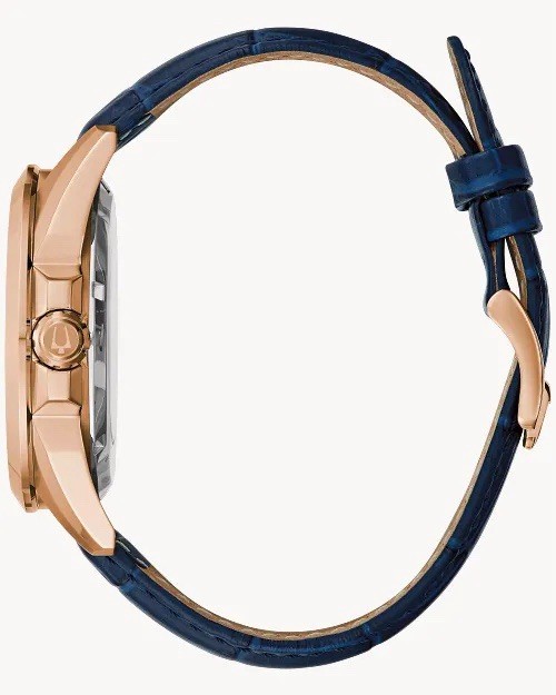 Bulova Sutton Men’s Automatic Skeleton Dial Rose Gold Blue Leather Watch 43mm
