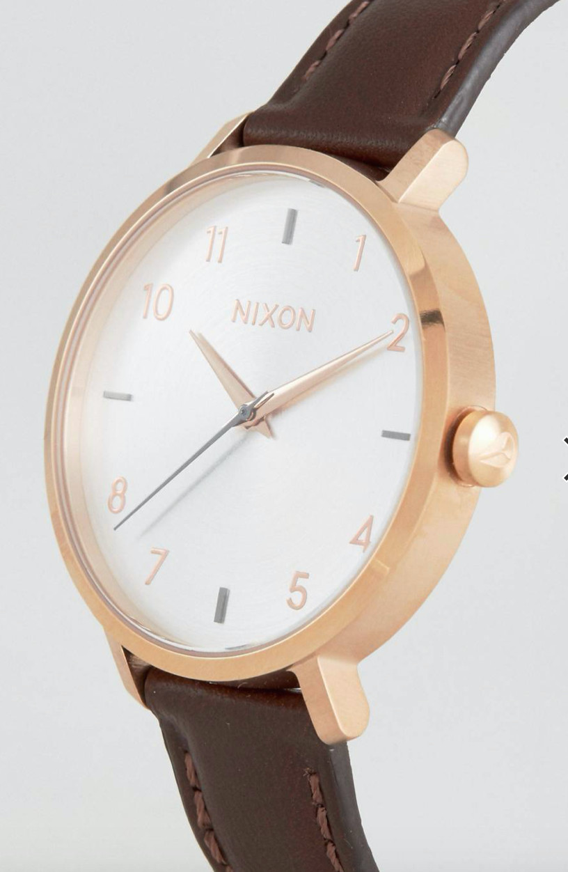 Nixon Arrow Rose Gold & Silver Watch, Brown Leather Strap, 38mm, A1091 2369, NIB