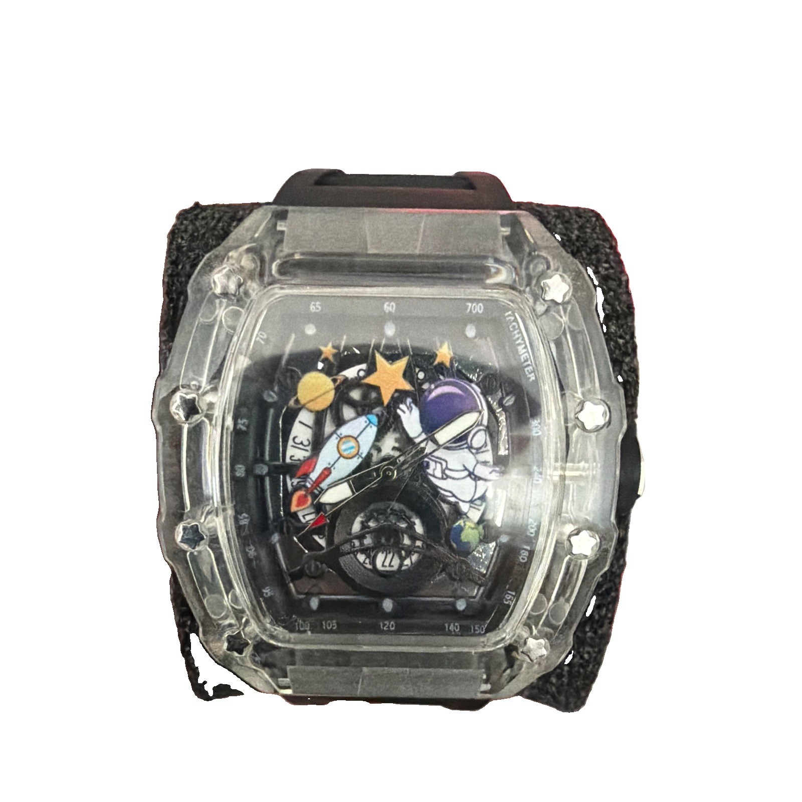 Men’s Space Man Watch Analog Tonneau Skeleton Dial Clear Case Black Strap