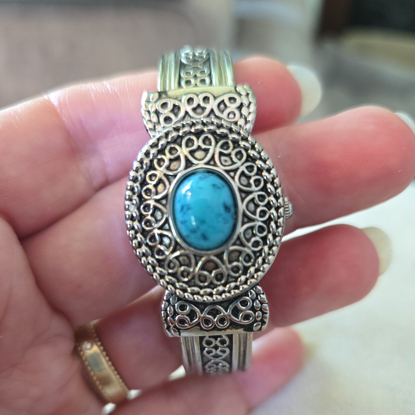Hidden Dial Womens Watch Silver Tone Faux Turquoise Bangle Cuff