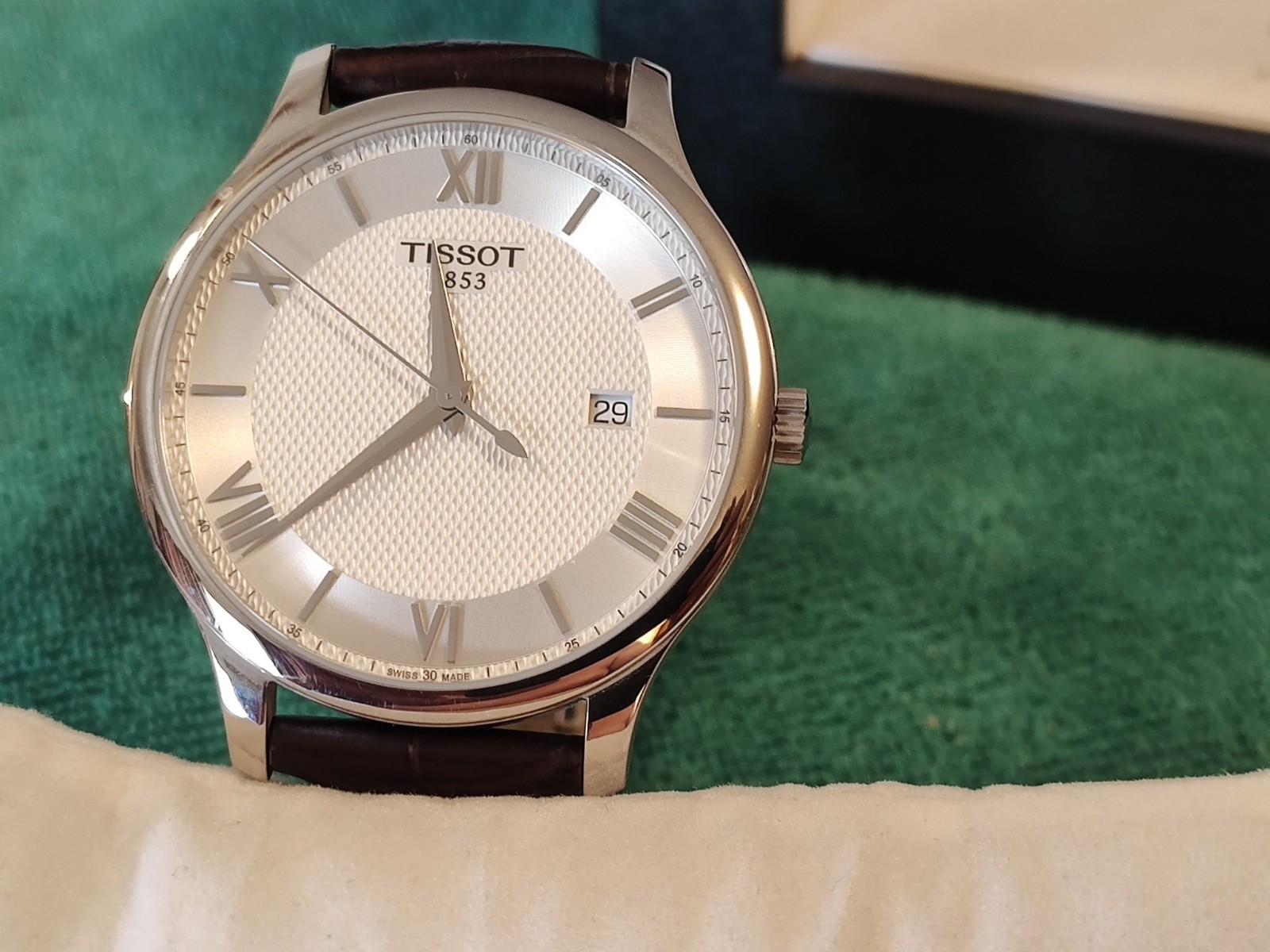 Tissot Tradition T063610A Leather Men’s Swiss Watch, Diamond Pattern Dial, w/Box