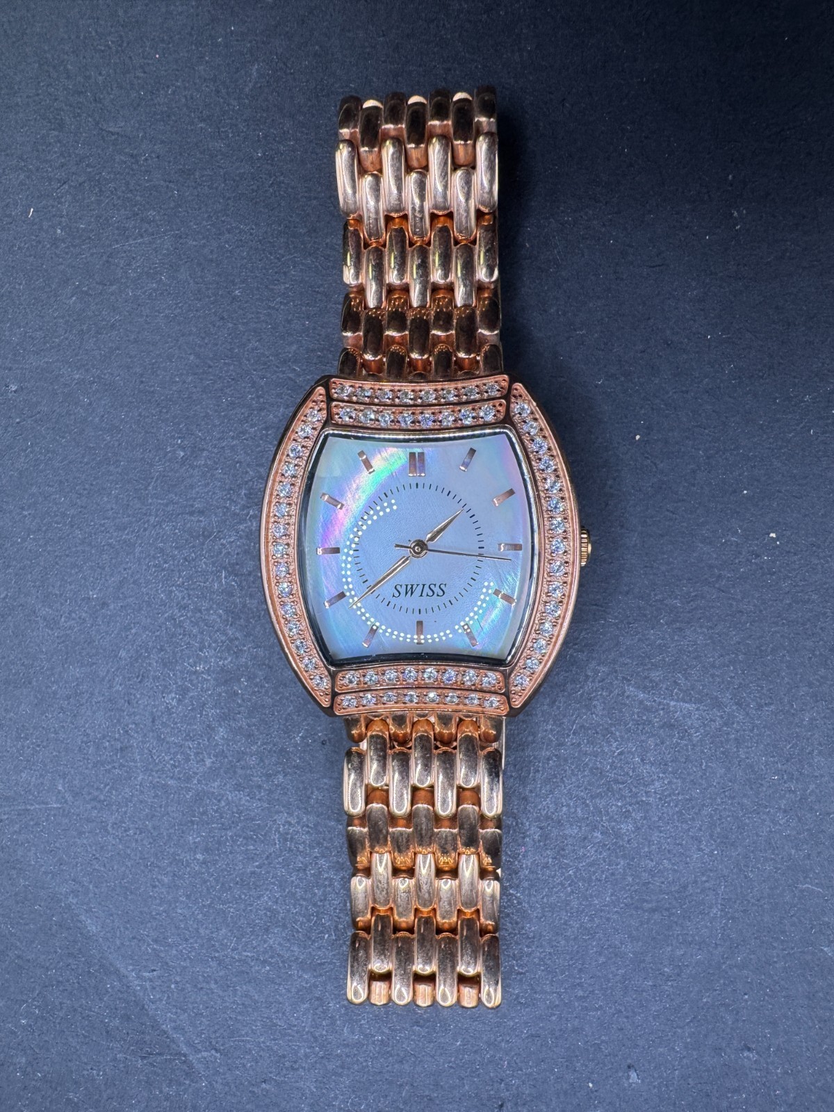 Diamonique(R) Tonneau-Shape Rose Gold Tone MOP Dial Watch Swiss Movement 30MM