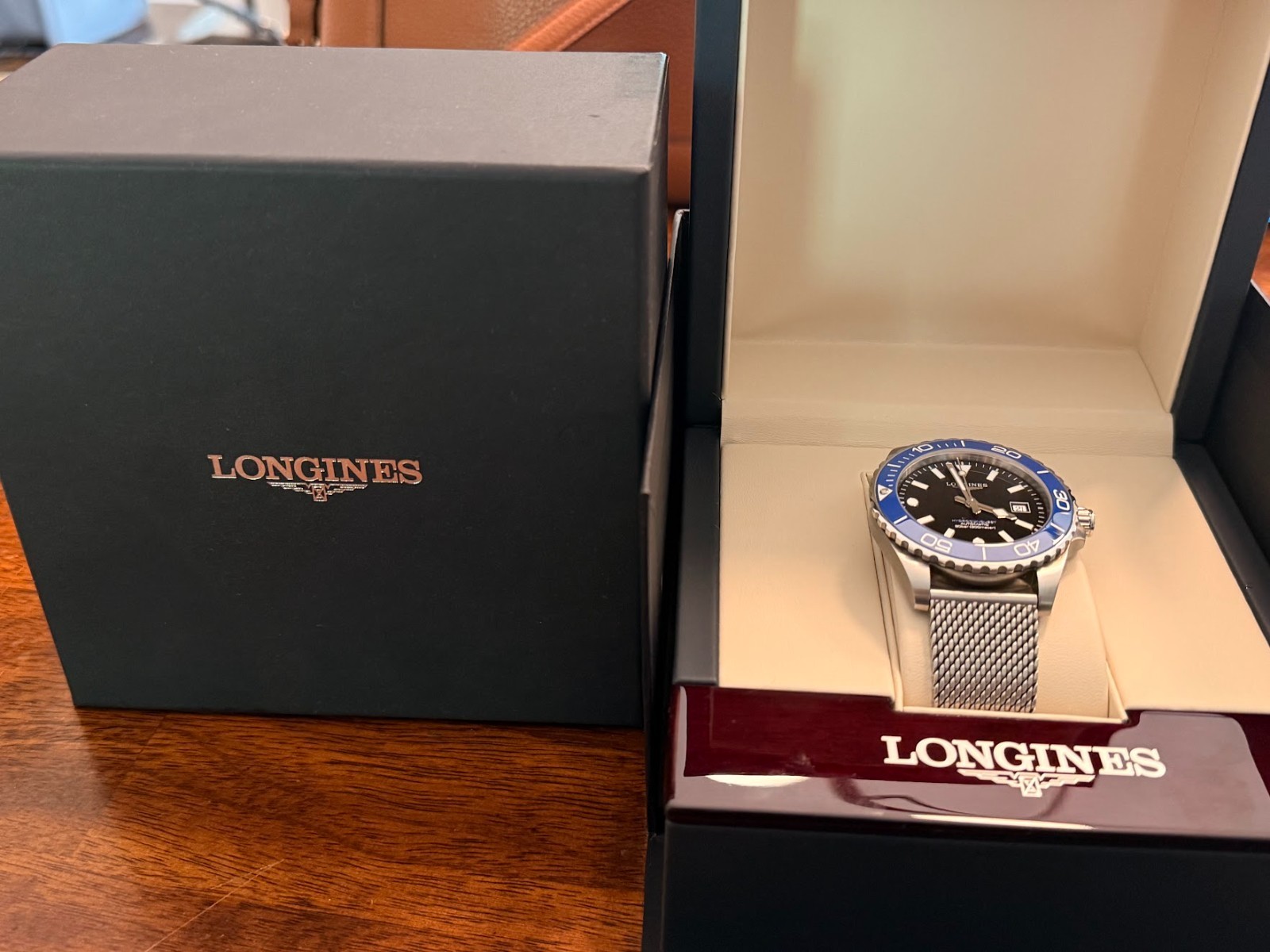Longines HydroConquest 42mm Black Dial Blue Ceramic Bezel Mesh L3.788.4.90.6