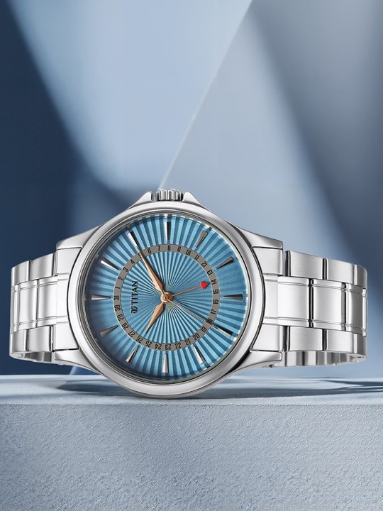 Titan Mens Oval Watch Blue Mother of Pearl Dial Steel Bracelet New