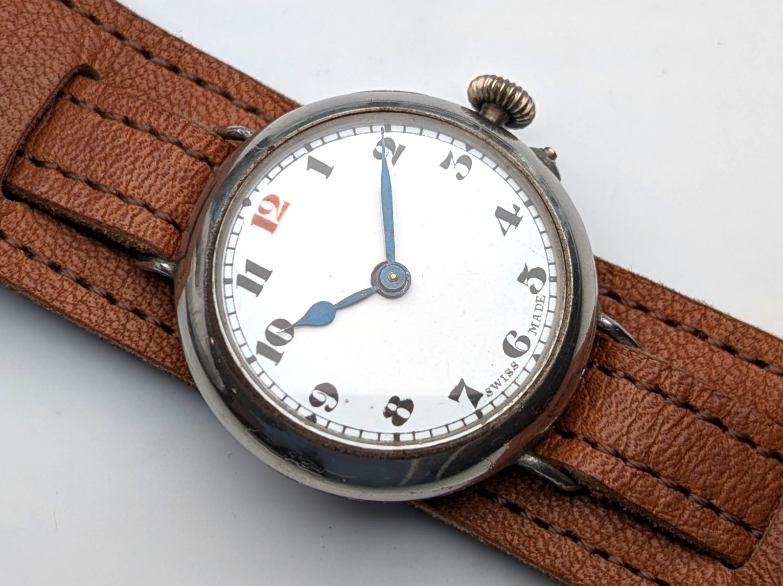 Antique Swiss Trench Watch, Red Twelve, Blued Hands, Cylinder Escapement, Runs