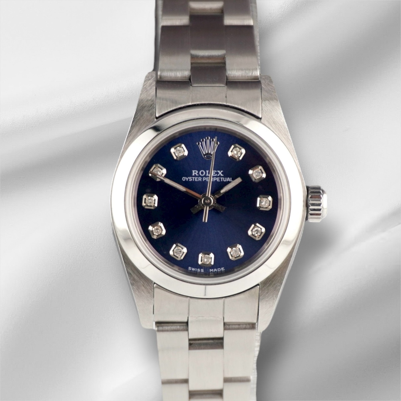 Rolex Oyster Perpetual 25mm Steel Dark Blue Diamond Smooth Oyster Watch 67180