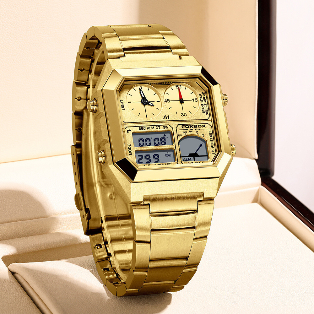 LIGE FOXBOX Men Watch Rectangle Wristwatch Digital Quartz Male Steel LED Watches