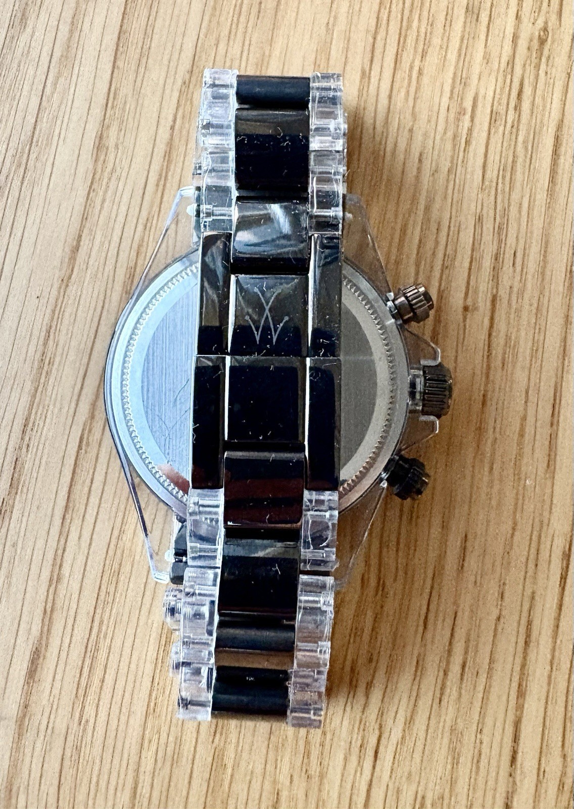 Toy Watch Chronograph 41mm Silver & Red Dial, Clear & Steel Band w/New Battery