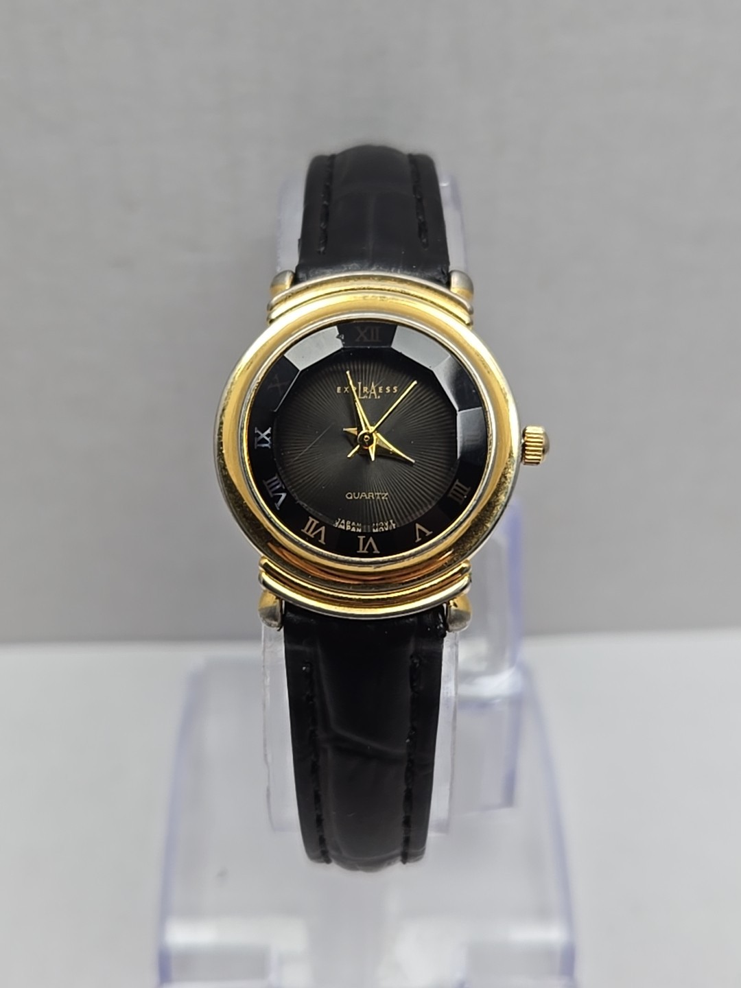 Womens Vintage LA Express LAX572 Watch Faceted Crystal Gold Leather New Battery