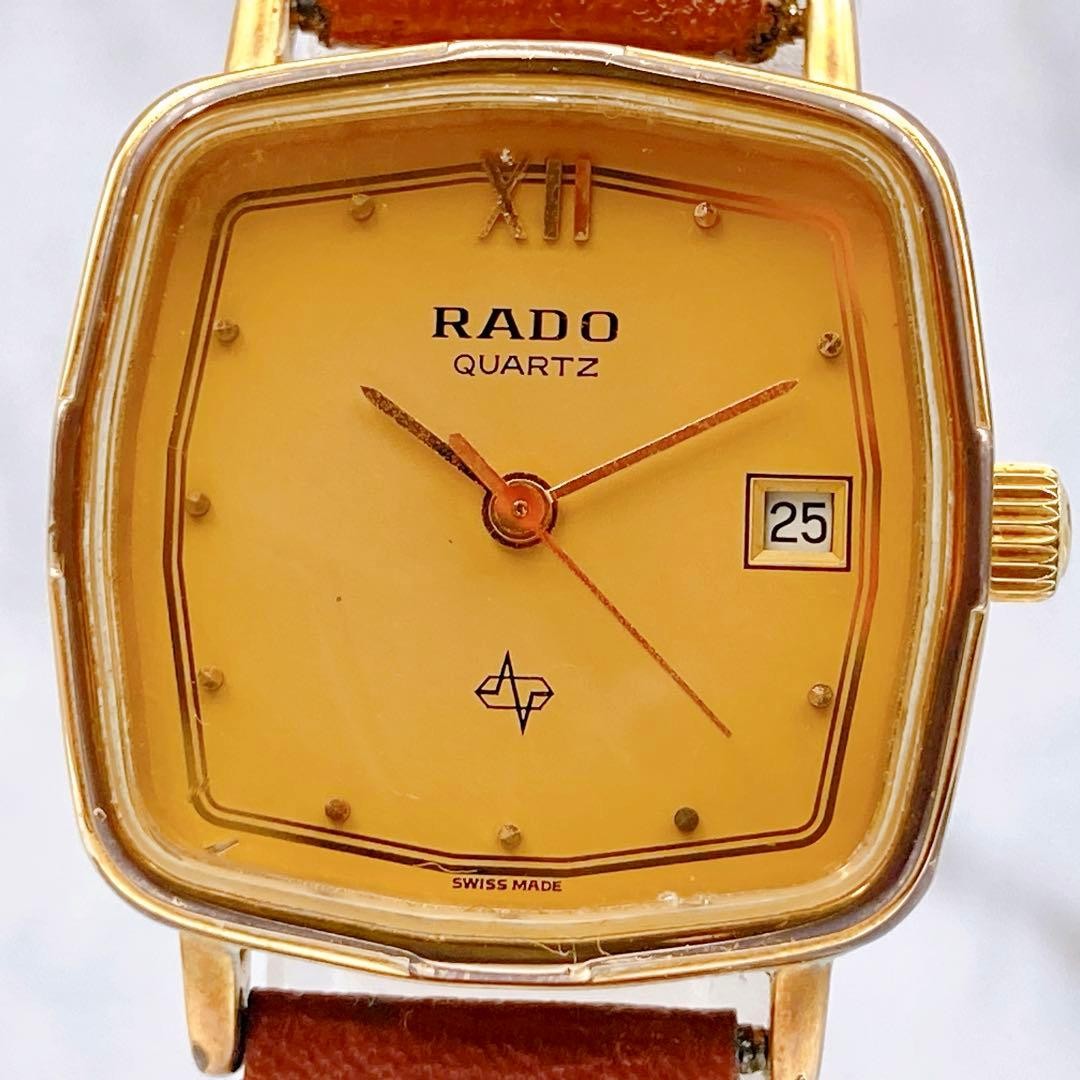 RADO Quartz Square Watch Gold Dial Brown Strap 23mm 16.3cm Vintage Rare