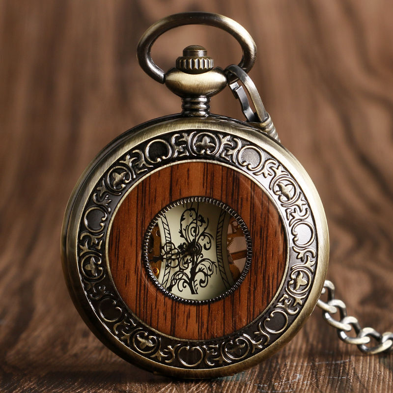 Luxury Bronze Wood Circle Hand-winding Mechanical Roman Nnumeral Pocket Watch