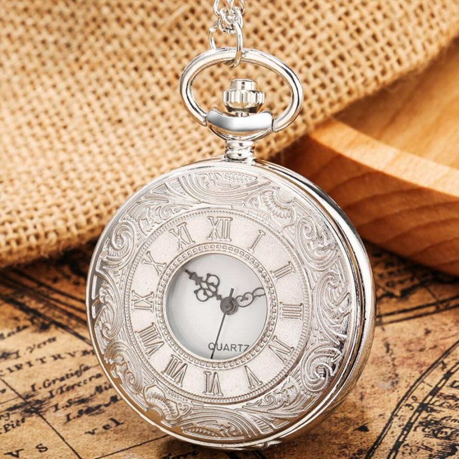 Vintage Antique Style Pocket Watch Pendant Retro Quartz Necklace Silver Gift New