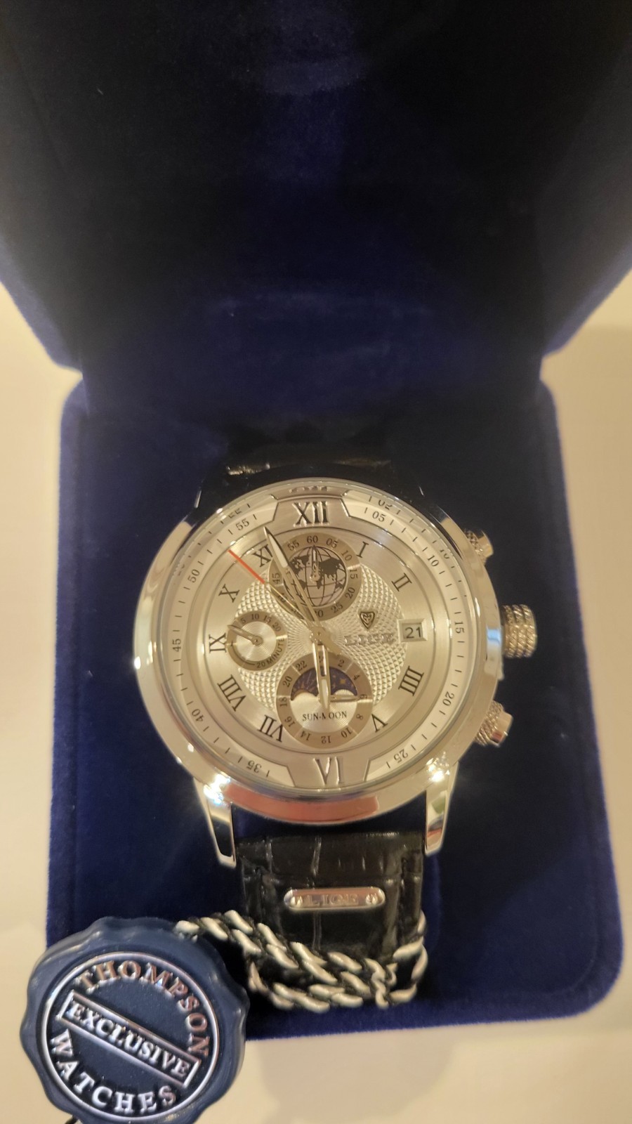 LIGE Sun-Moon Men’s Quartz Watch Moon Phase Date Silver Dial Black Leather