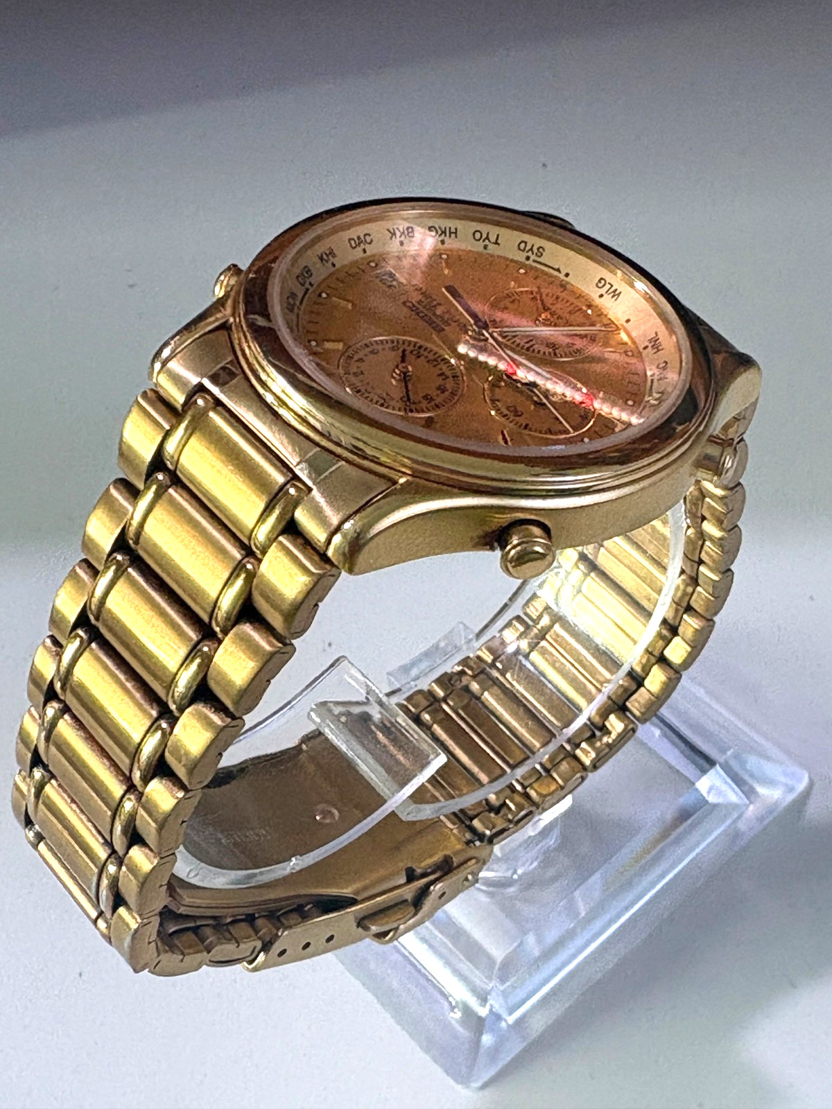 VINTAGE SEIKO WORLD TIMER 5T52-6A29 DUAL TIME ALARM GOLD TONE QUARTZ MENS WATCH