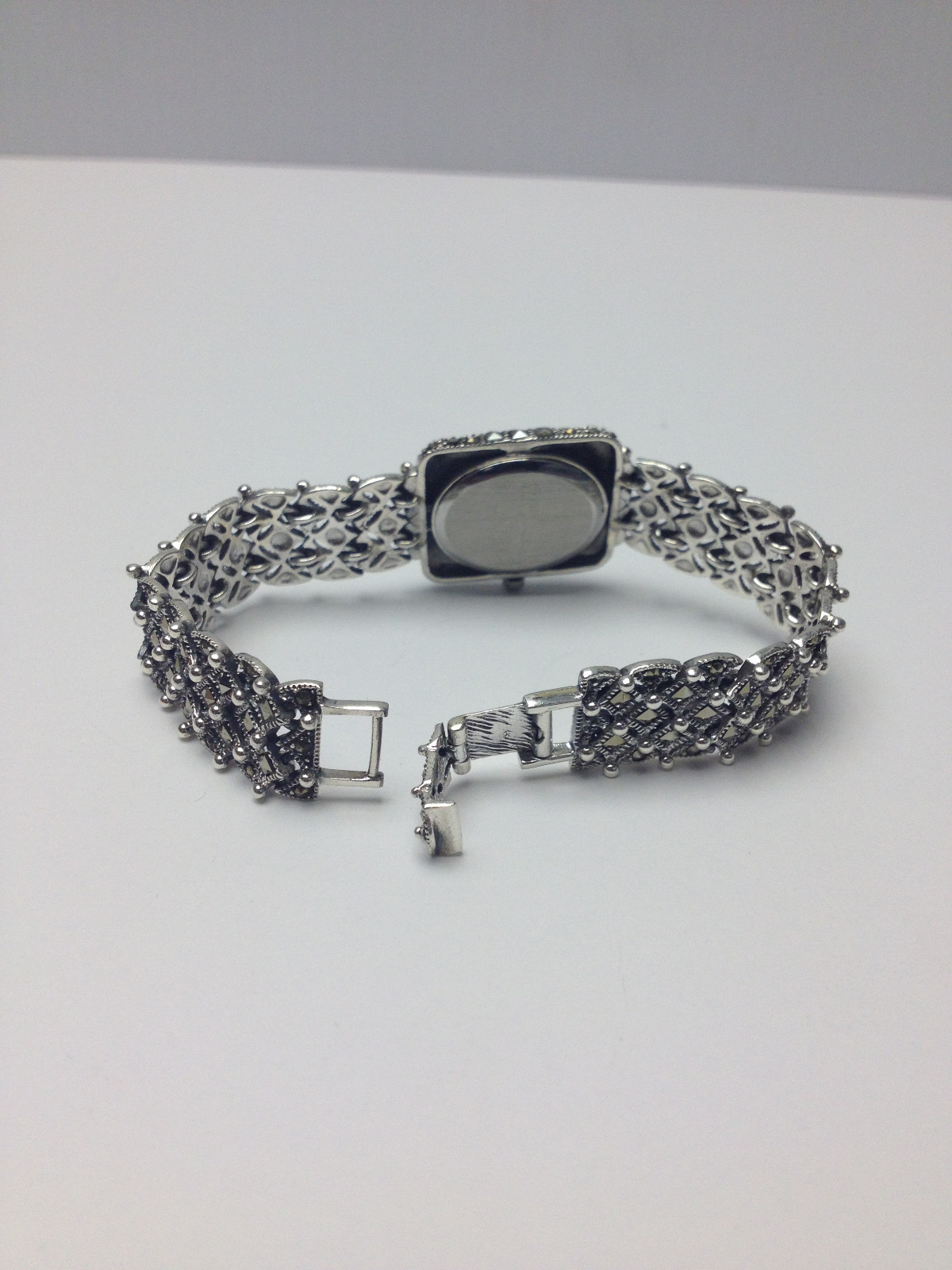 LUXURY 925 STERLING SILVER SPARKLE MARCASITE STONE MOP LADY FANCY BRACELET WATCH