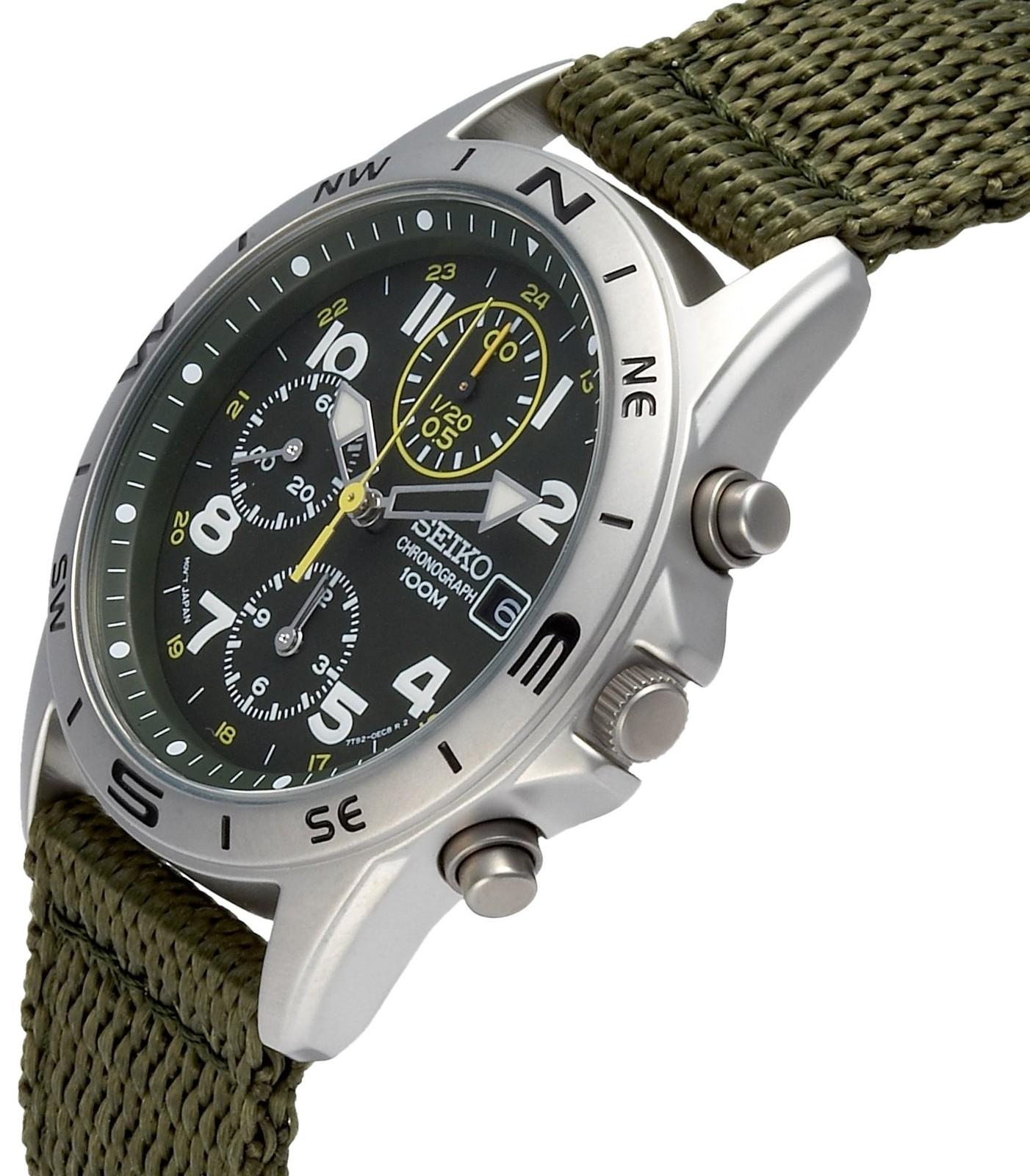 Seiko Chronograph SND377R Khaki Green Dial Quartz Nylon Strap Mens Watch New Box