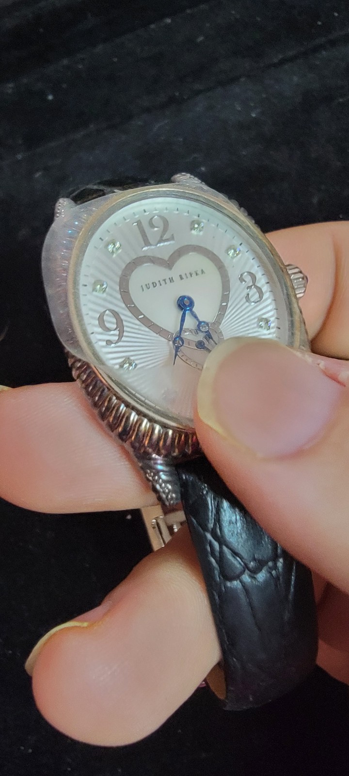 Judith Ripka Sterling MOP Hearts Dial Watch w/ Leather Band Deployment Clasp 61