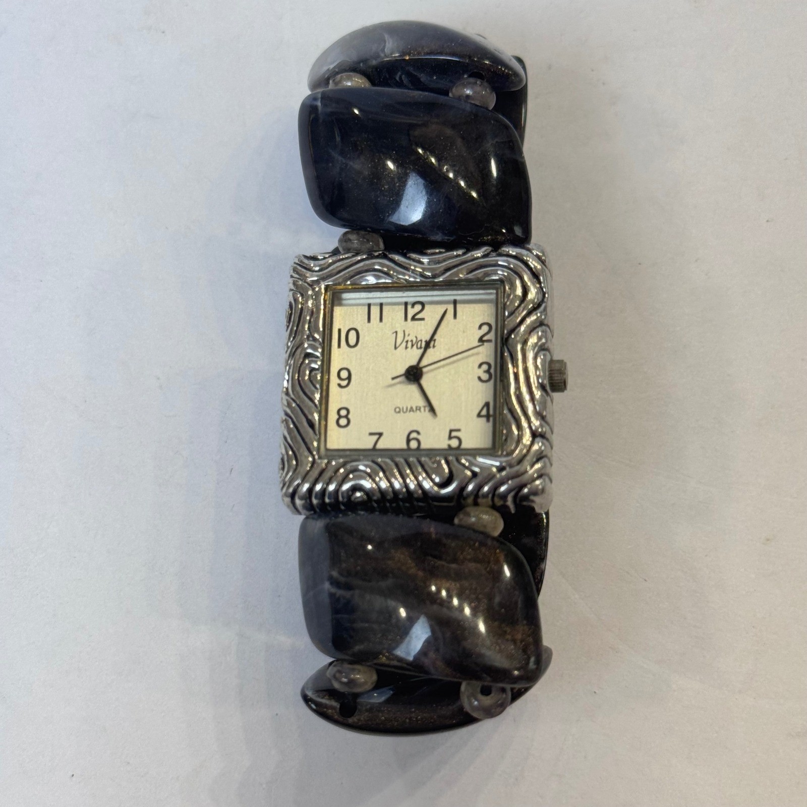 Vivani Women’s Quartz Watch SilverTone Square Ornate Black Marbled Stone Band