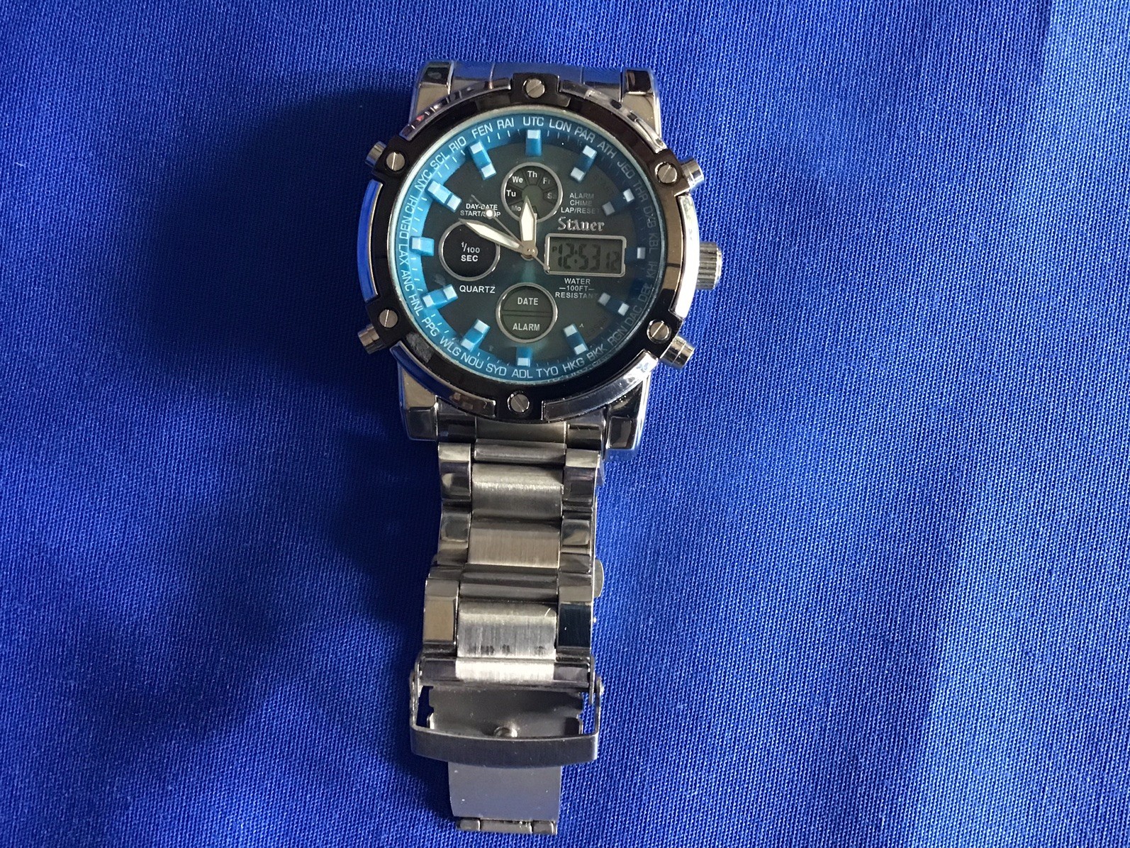 Stauer Blue Stone Chronograph Wristwatch Model 33207 w/BOX, 30m bz 18z