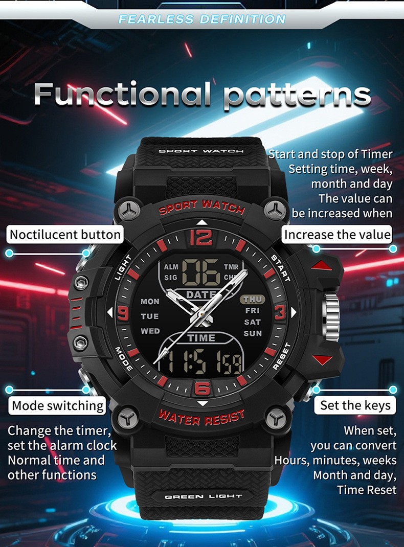 Trendy dual display dial multifunctional sports style quartz waterproof watch