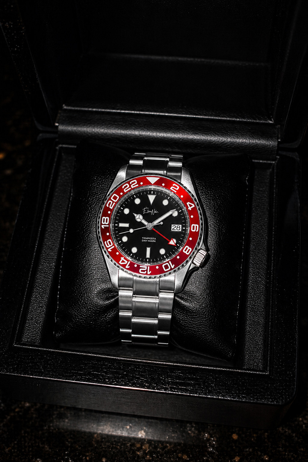Custom Élan Noir Tempesta Automatic GMT Watch 41mm 316LSteel Dial Red/Black NH35