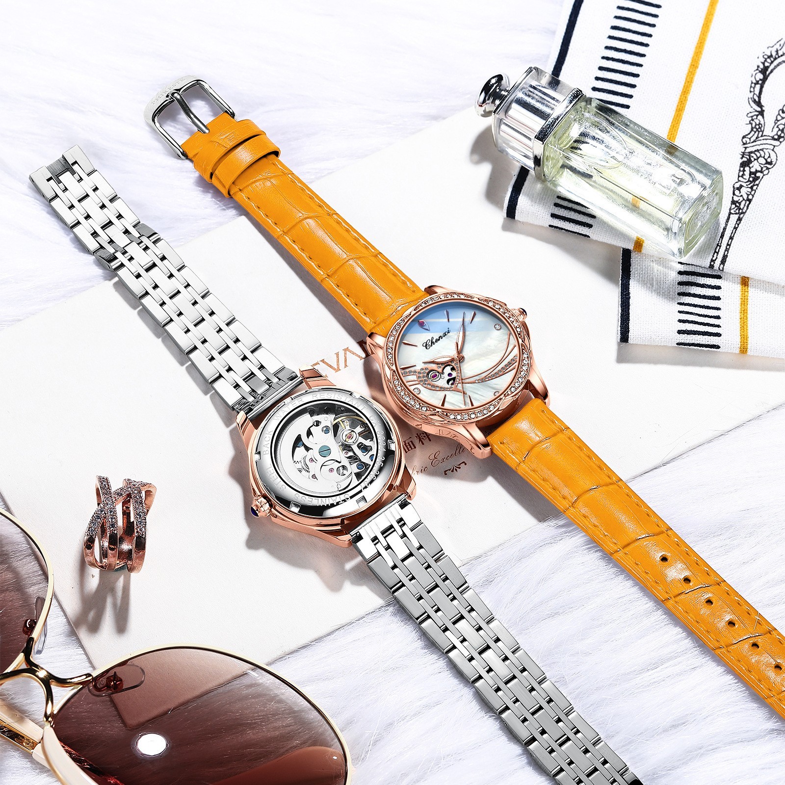 CHENXI Women Leather Hollow Out Luminous Waterproof Automatic Mechanical Watch