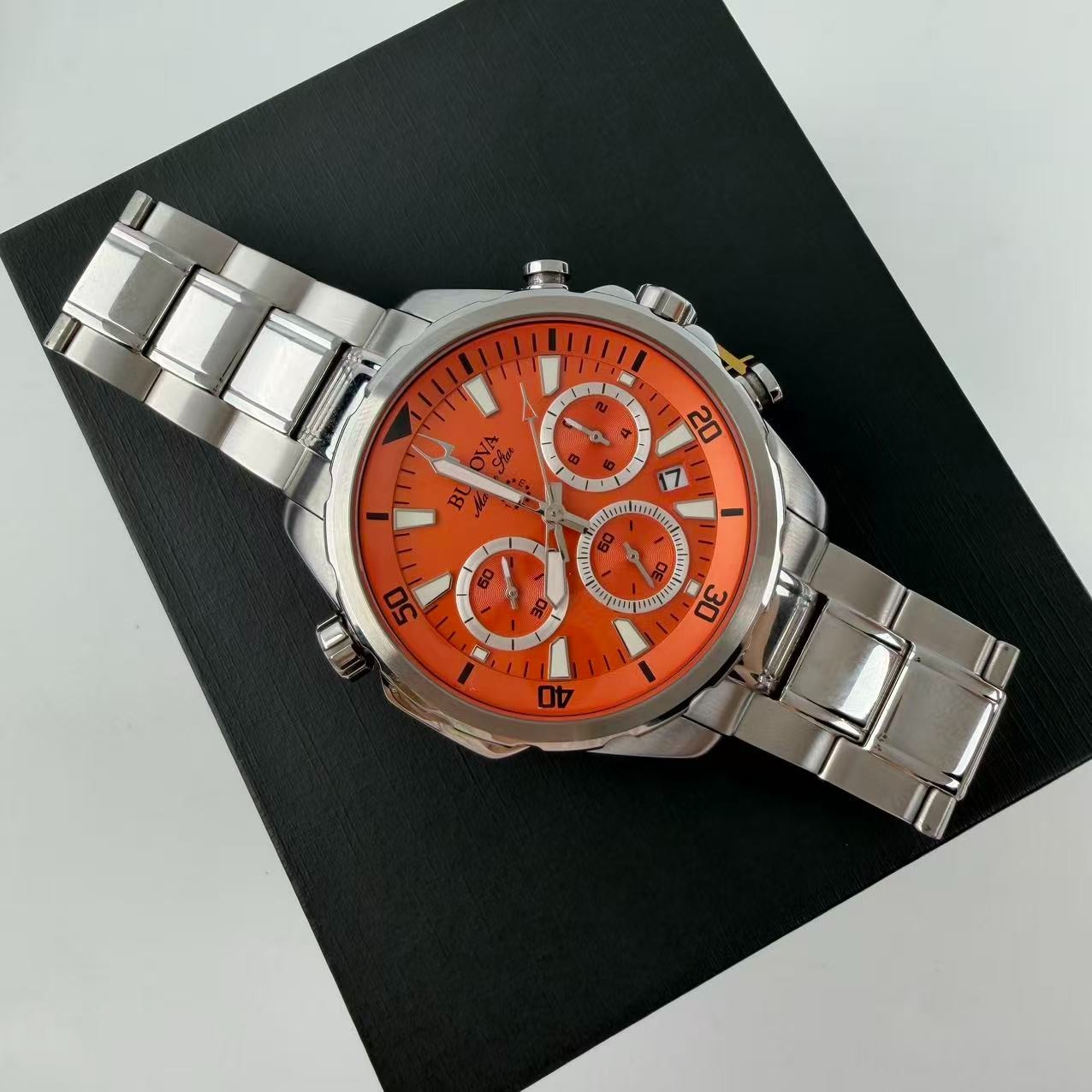 Bulova Marine Star 96B395 Men’s Chronograph Quartz Watch Orange Dial 44 mm