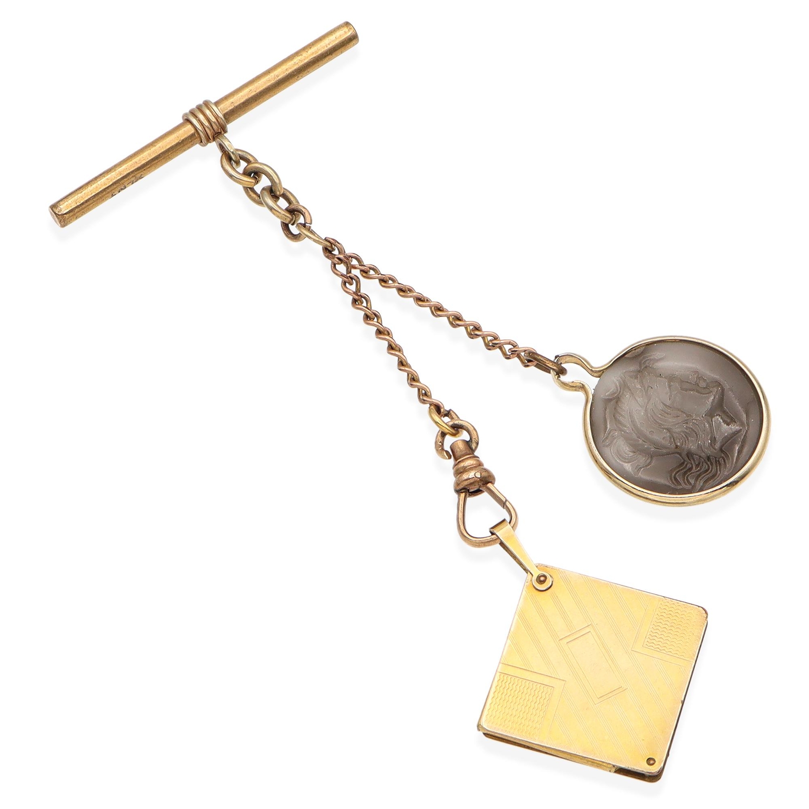 Antique Yellow Gold Filled Onyx T-Bar Intaglio Pocket Watch Chain Fob