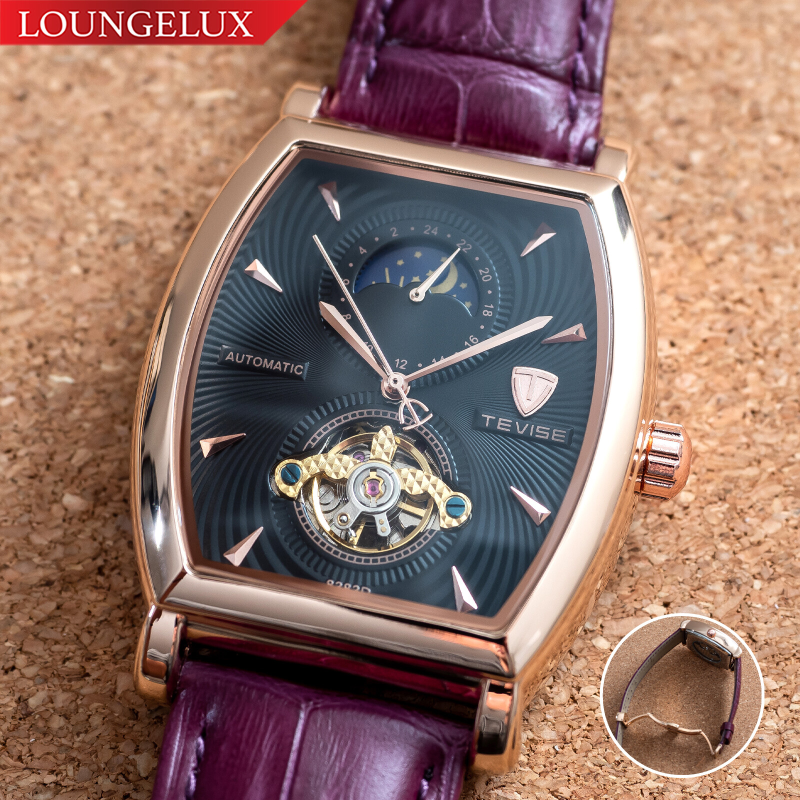 Mens Rose Gold Moon Phase Automatic Mechanical Watch Purple Leather 24HR Dial