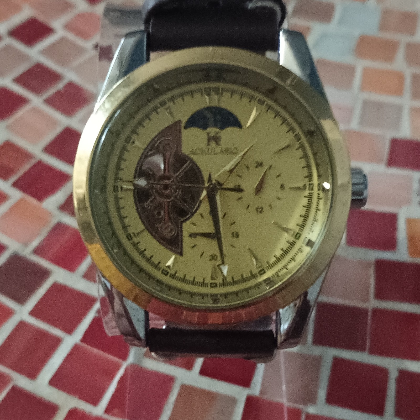Aokulabic Men’s Automatic Skeleton Gold Dial 40mm Moon Phase