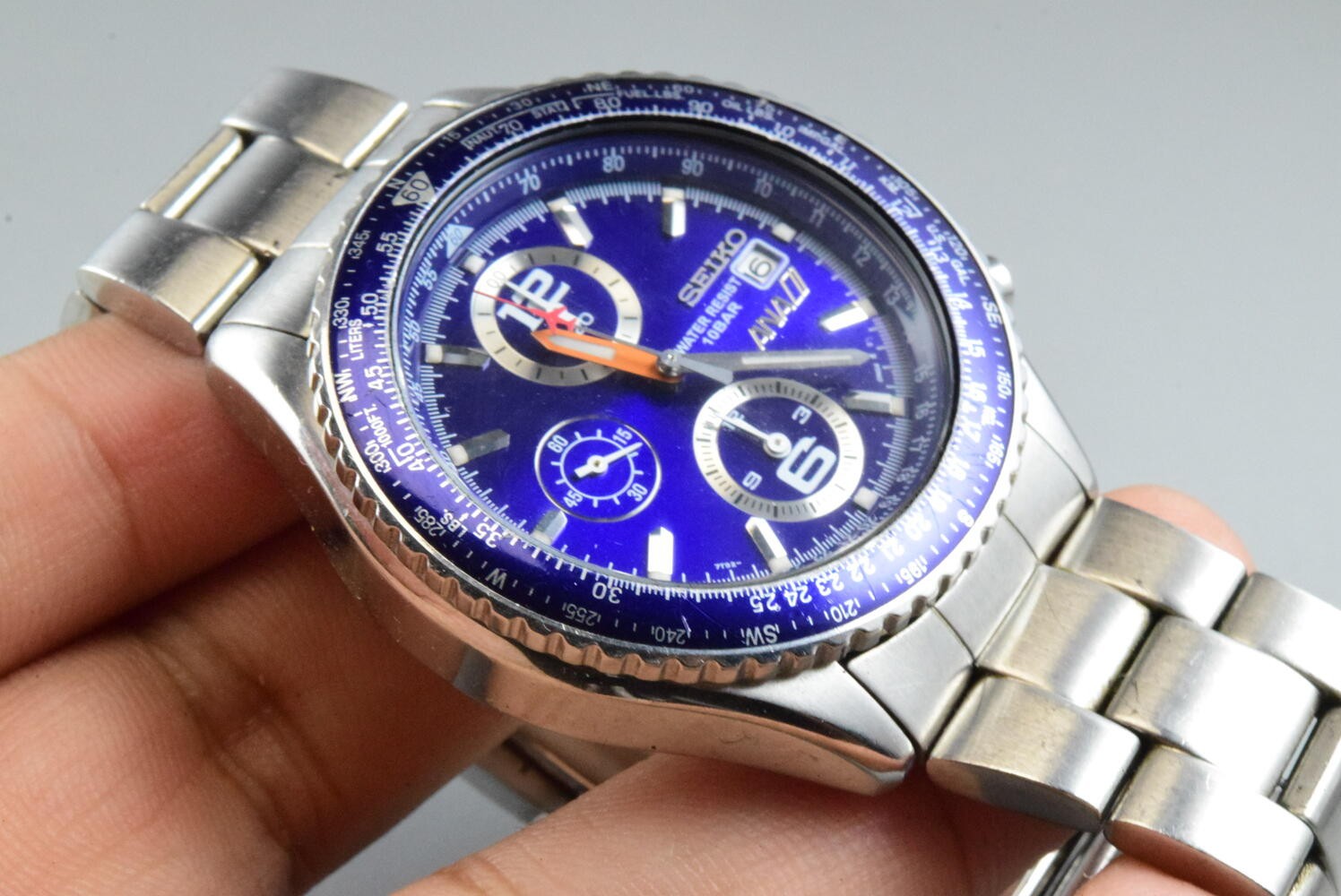 Vintage watch Seiko Chronograph 7T92-0CF0 Blue Men Quartz Round 43mm