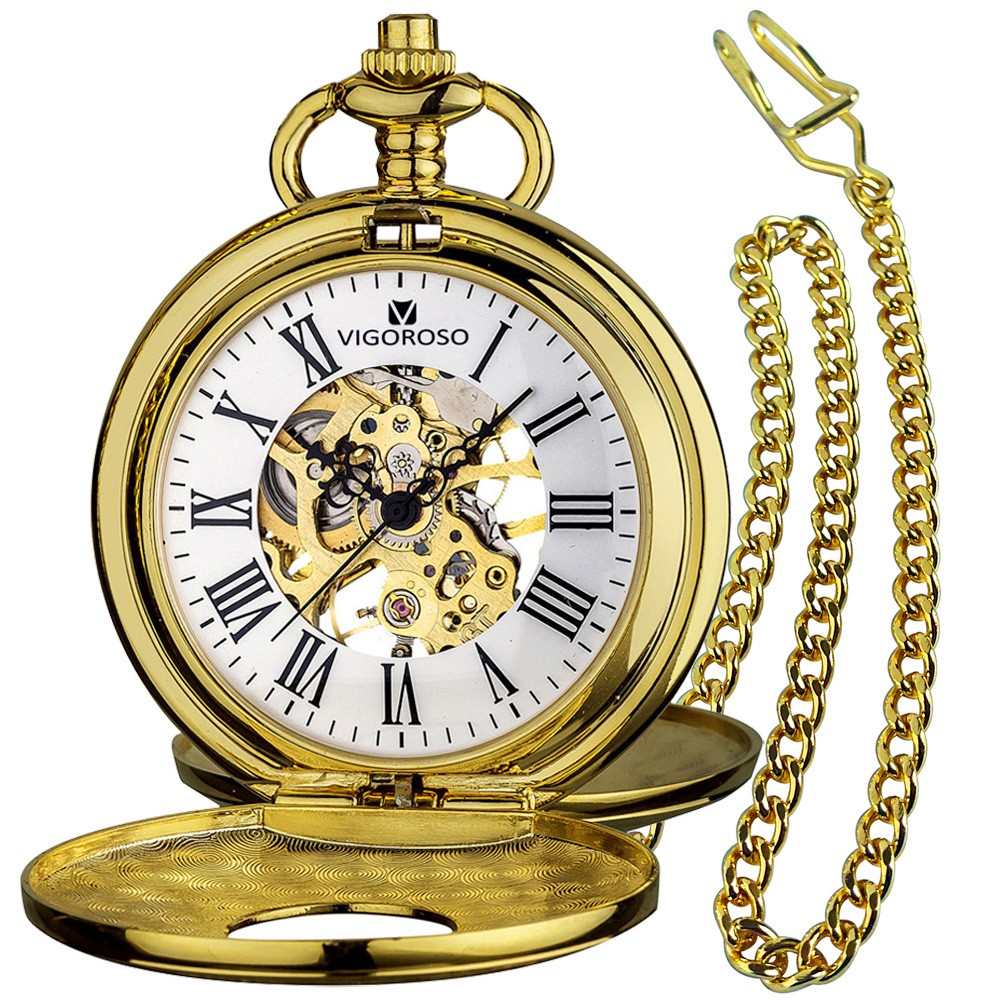 Vintage Golden Mechanical Pocket Watch Wind up Double Hunter with Chain Gift Box