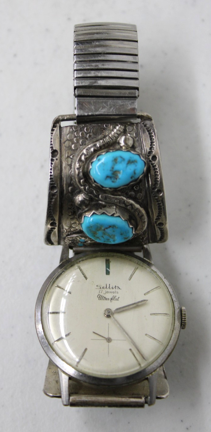 Vtg R. Nieto Zuni Sterling Turquoise Snakes Sellita 17 Jewel Mechanical Watch